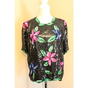 VINTAGE‎ 80's SEQUIN TOP, no tags, fully sequined floral design size M-L
